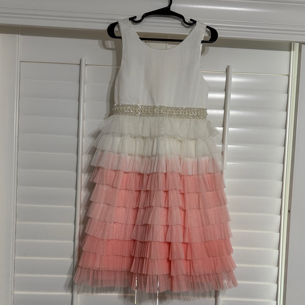 American Princess White and Pink Ombre Tulle Ruffle Formal Dress